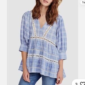 Free People Time Out Lace Blue Plaid 3/4 Sleeve Oversized Tunic size XL